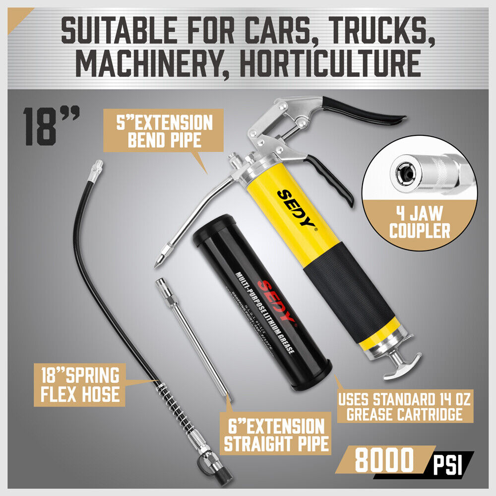 Heat Guns: 18inch Grease Gun 8000PSI Pistol Grip Flex Hose Heavy Duty Barrel With Cartridge