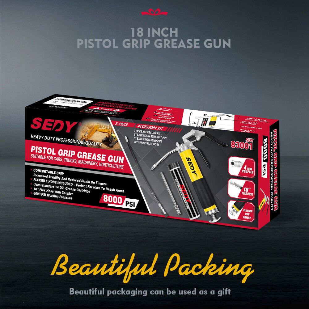 Heat Guns: 18inch Grease Gun 8000PSI Pistol Grip Flex Hose Heavy Duty Barrel With Cartridge