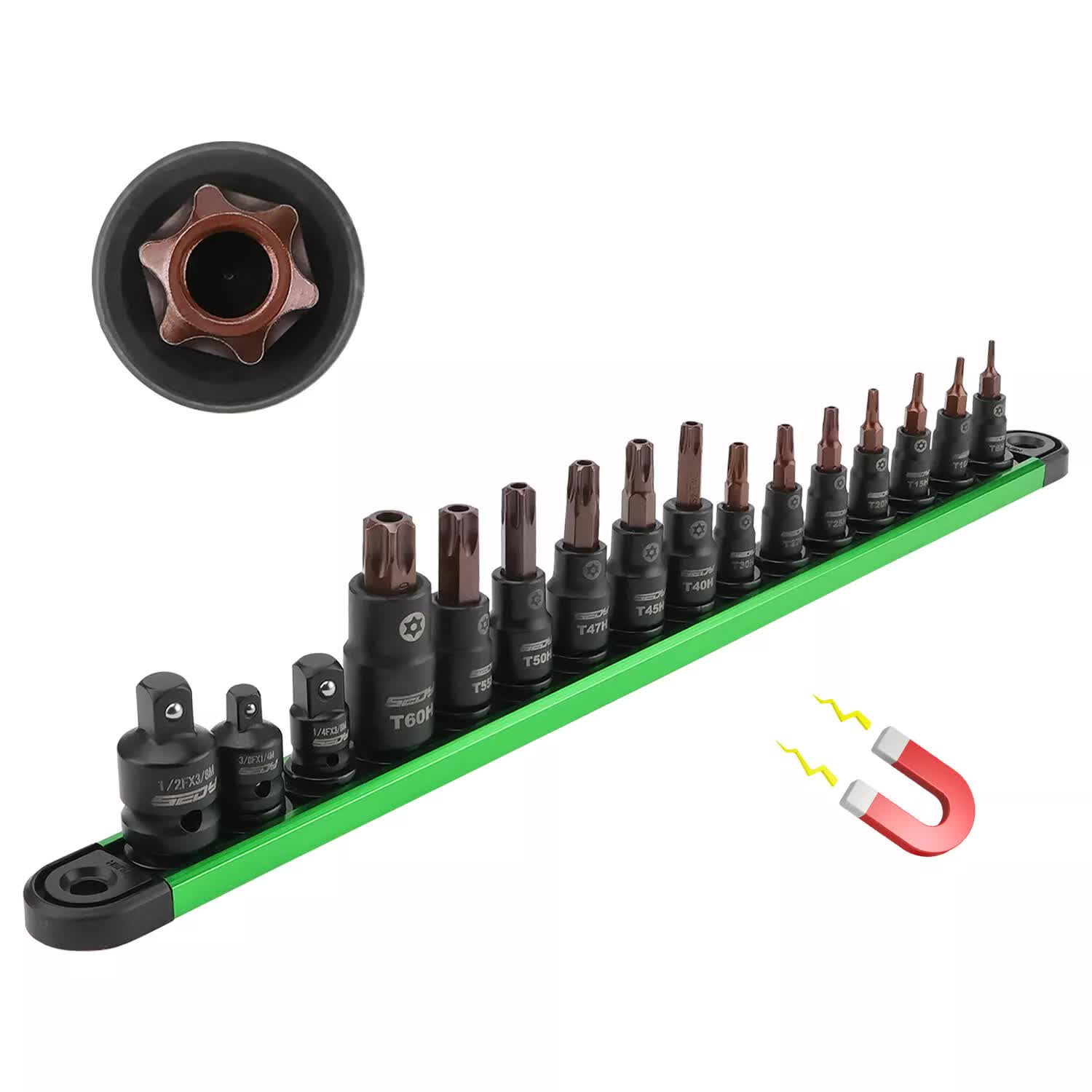 Tool Sockets: 16-Piece Torx Star Bit Socket Set Magnetic Socket Rail Organizer T8-T60 Adapters