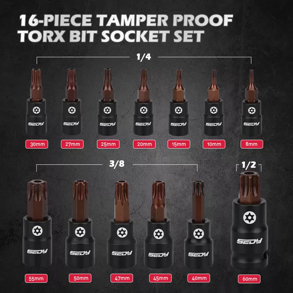 Tool Sockets: 16-Piece Torx Star Bit Socket Set Magnetic Socket Rail Organizer T8-T60 Adapters