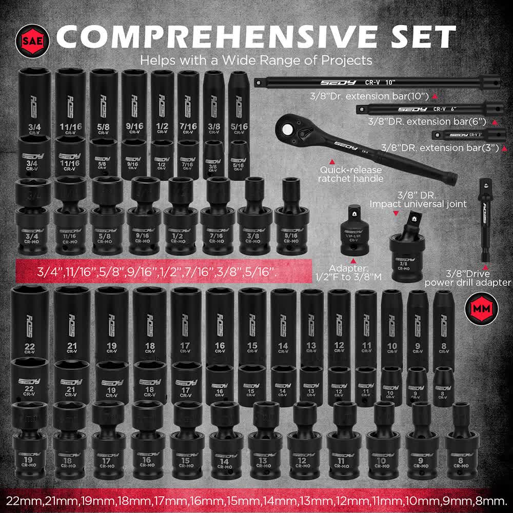 Tool Sockets: 71-Pieces 3/8" Drive Master Impact Socket Set SAE Metric Universal Joint Adapter