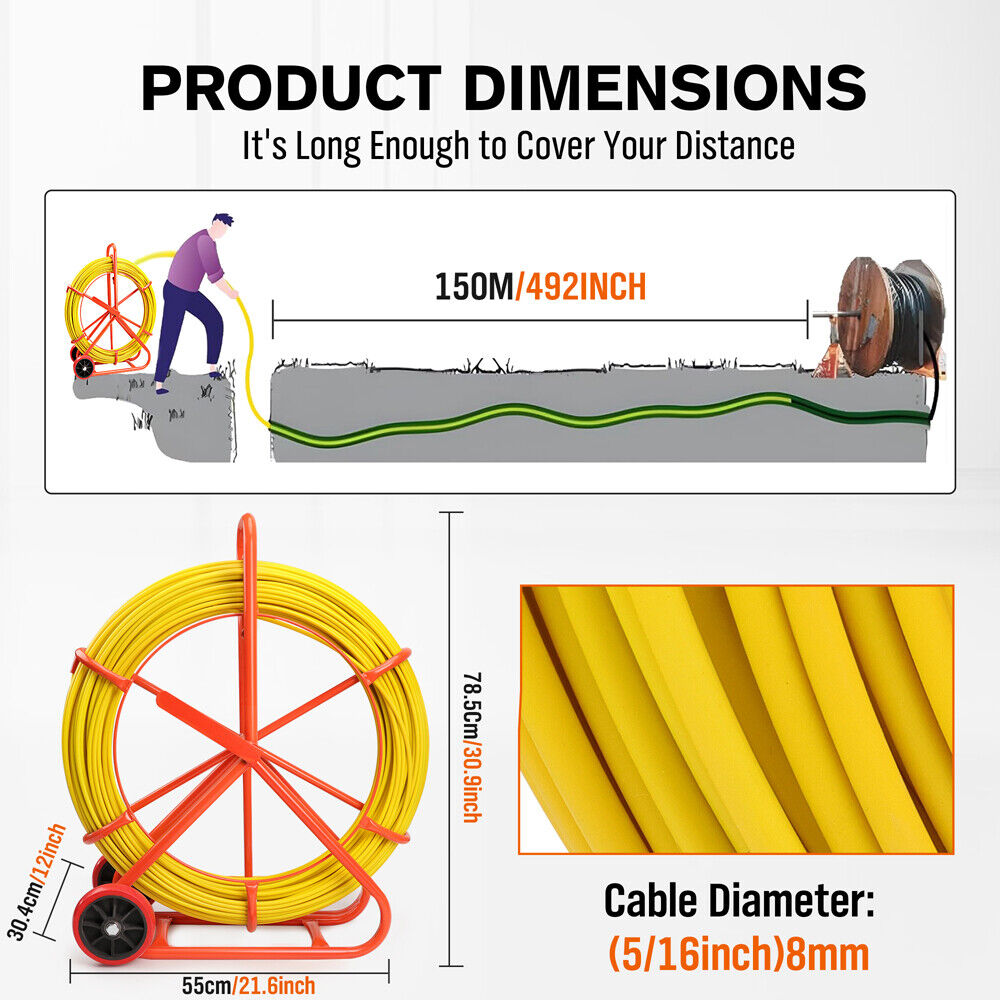 Power & Electrical Supplies: 150M×8MM Fish Tape Puller Fiberglass Wire Cable Running Duct Rodder Heavy Duty