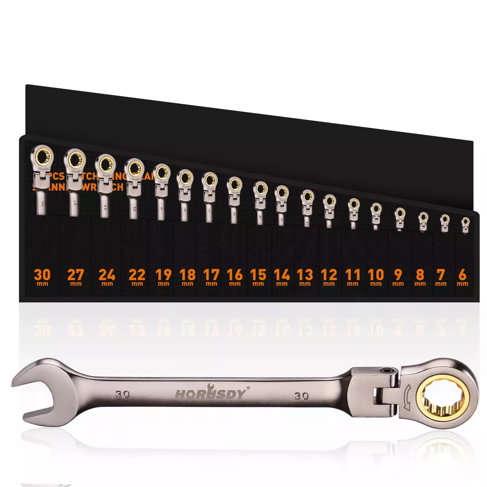 Hand Tools: HORUSDY 18Pc Flexi-Head Ratchet Spanner Set Metric 6-30mm Spanners Nickle Plated