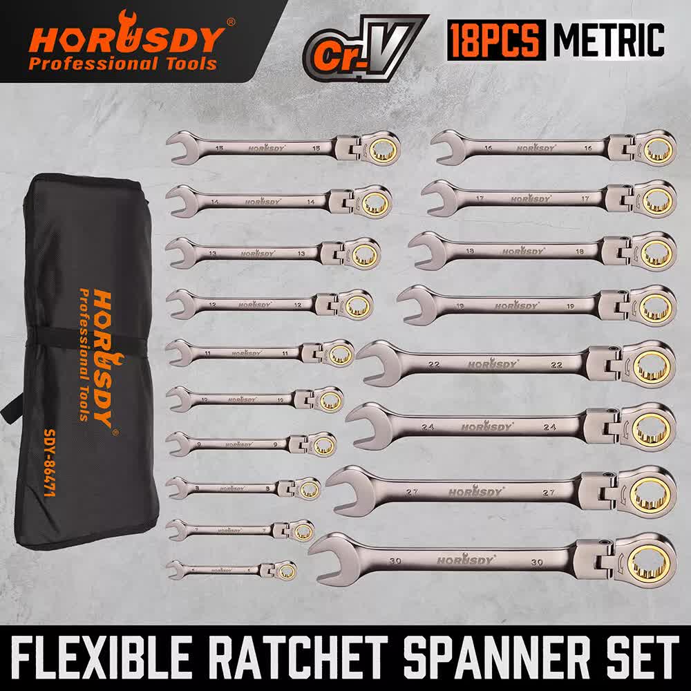 Hand Tools: HORUSDY 18Pc Flexi-Head Ratchet Spanner Set Metric 6-30mm Spanners Nickle Plated