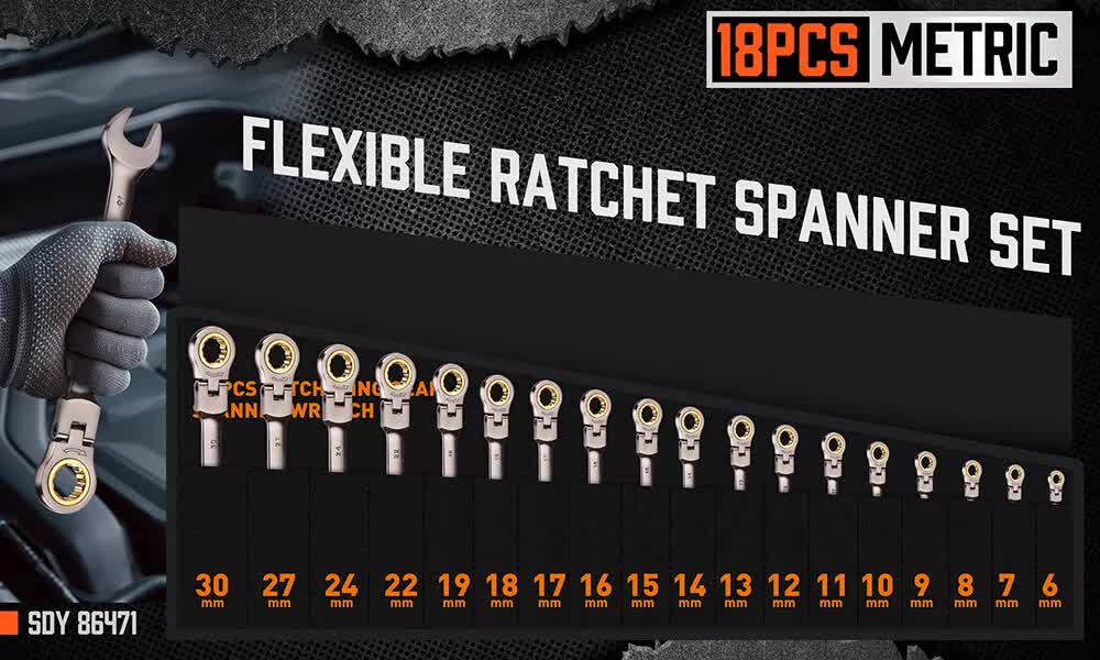 Hand Tools: HORUSDY 18Pc Flexi-Head Ratchet Spanner Set Metric 6-30mm Spanners Nickle Plated