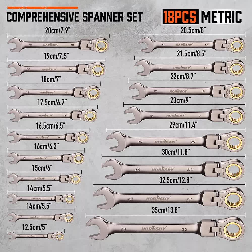 Hand Tools: HORUSDY 18Pc Flexi-Head Ratchet Spanner Set Metric 6-30mm Spanners Nickle Plated