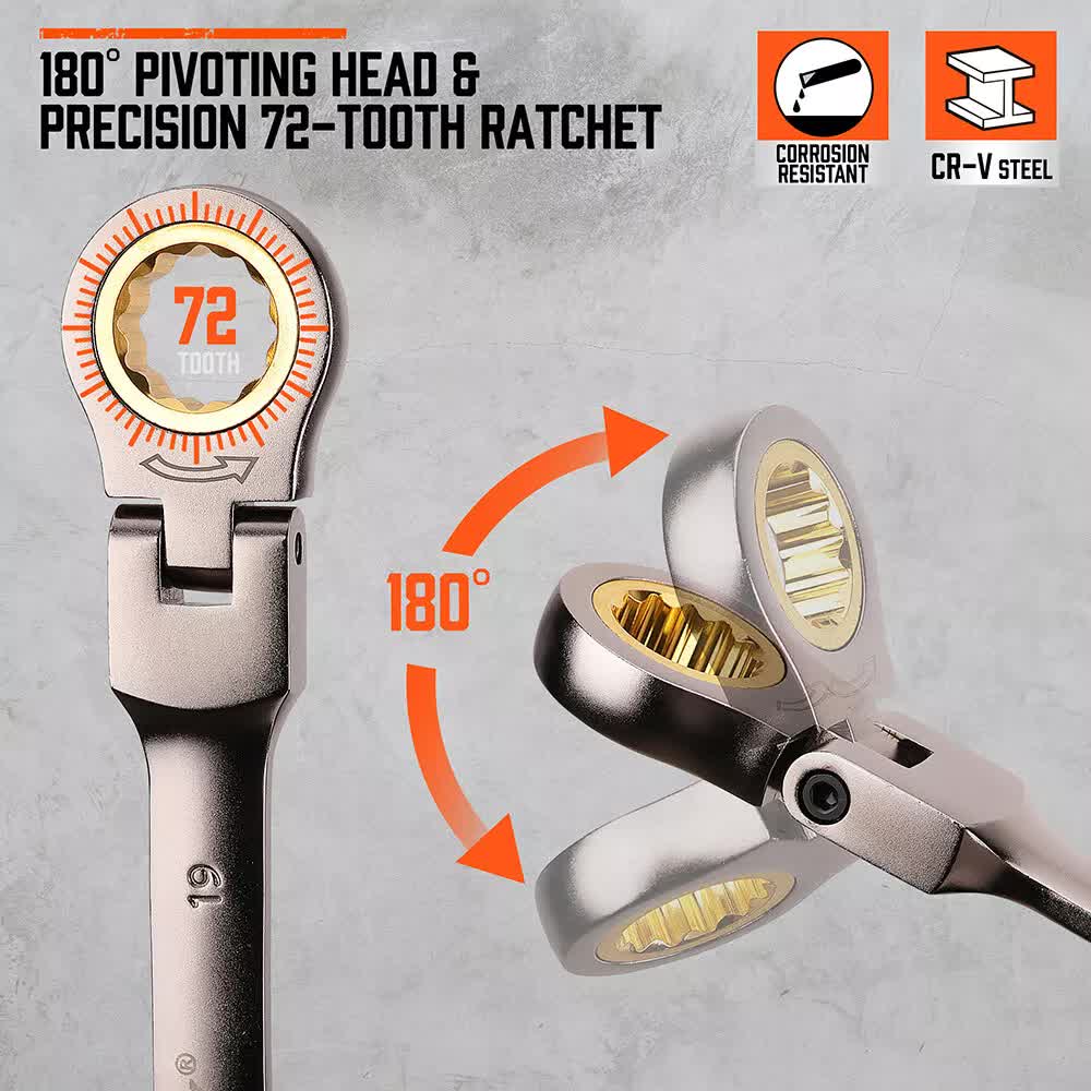 Hand Tools: HORUSDY 18Pc Flexi-Head Ratchet Spanner Set Metric 6-30mm Spanners Nickle Plated