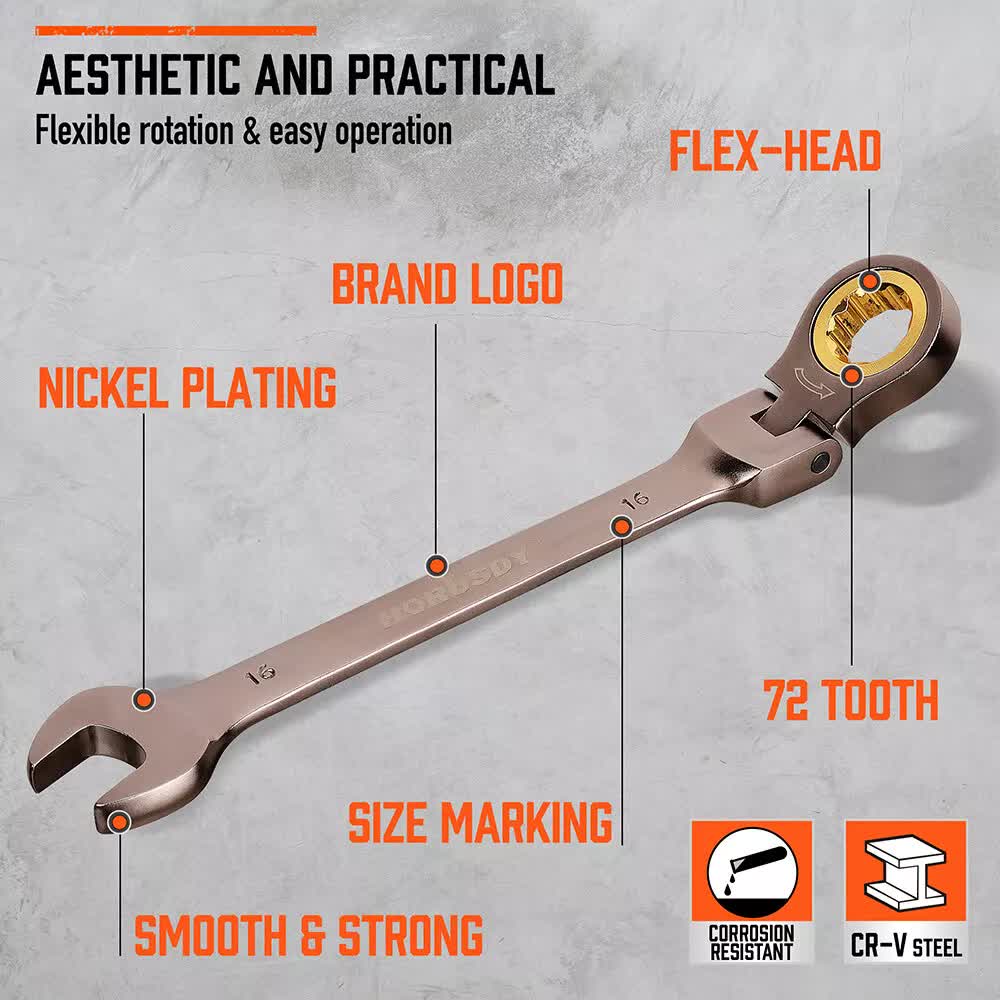 Hand Tools: HORUSDY 18Pc Flexi-Head Ratchet Spanner Set Metric 6-30mm Spanners Nickle Plated