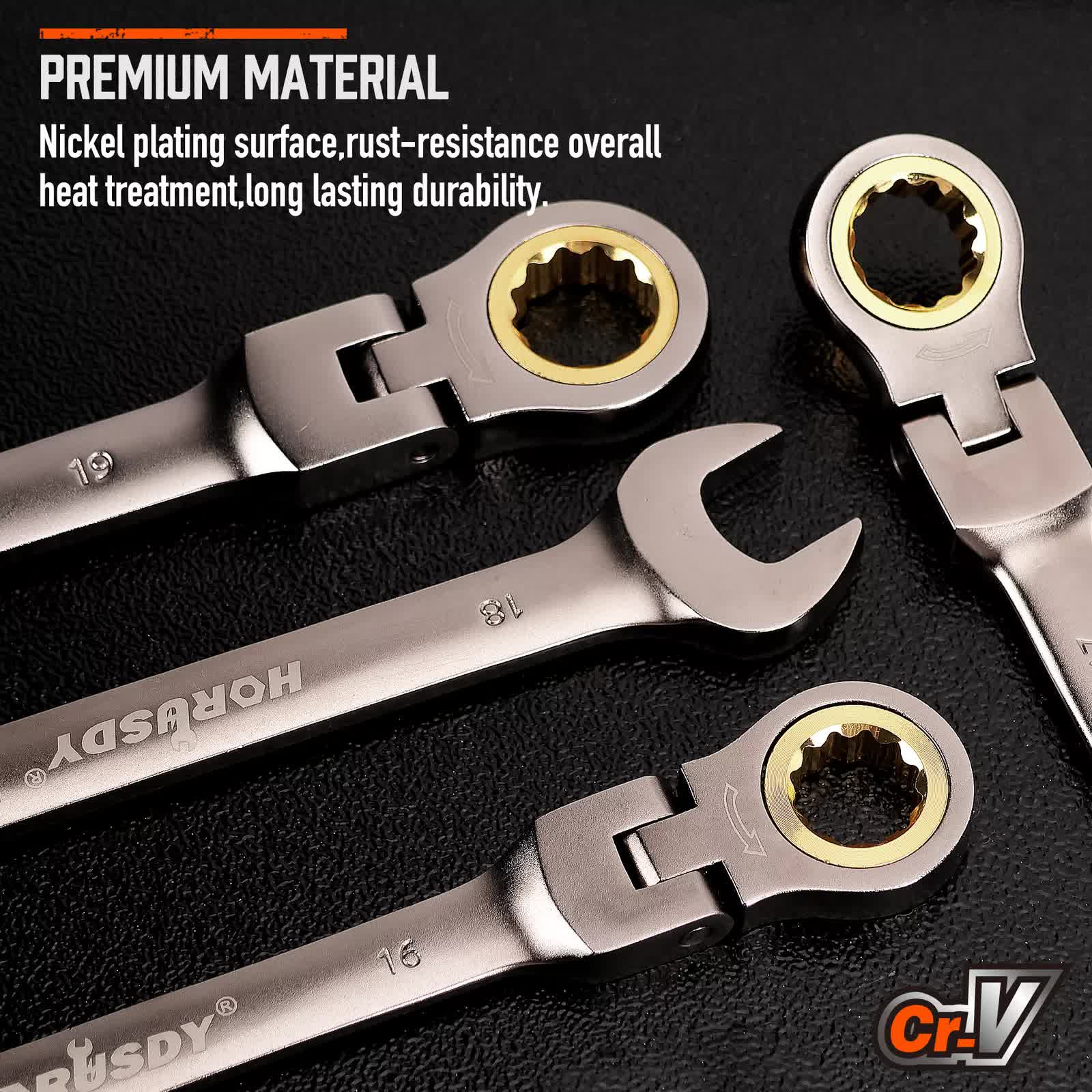 Hand Tools: HORUSDY 18Pc Flexi-Head Ratchet Spanner Set Metric 6-30mm Spanners Nickle Plated