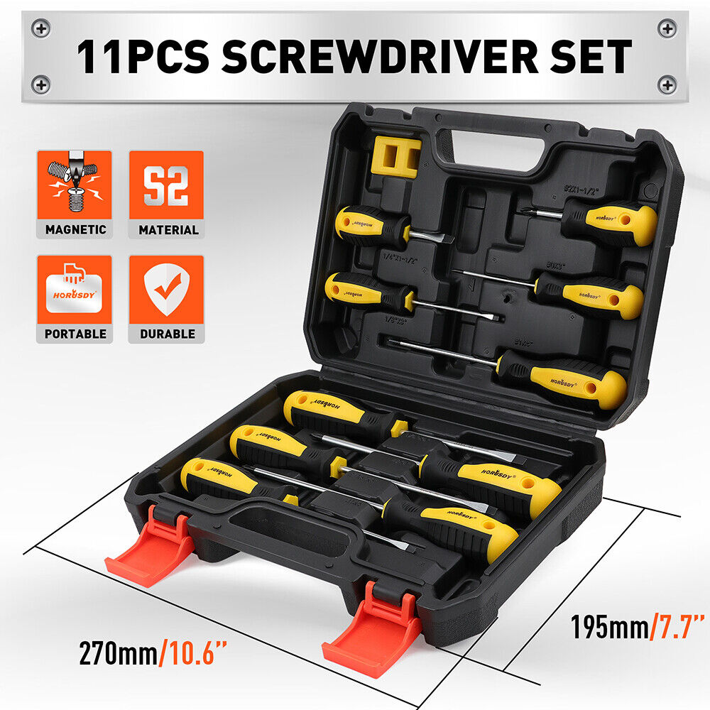 Drill & Screwdriver Accessories: 11-Pieces Magnetic Screwdriver Set with Case Magnetizer Demagnetizer Flat Head