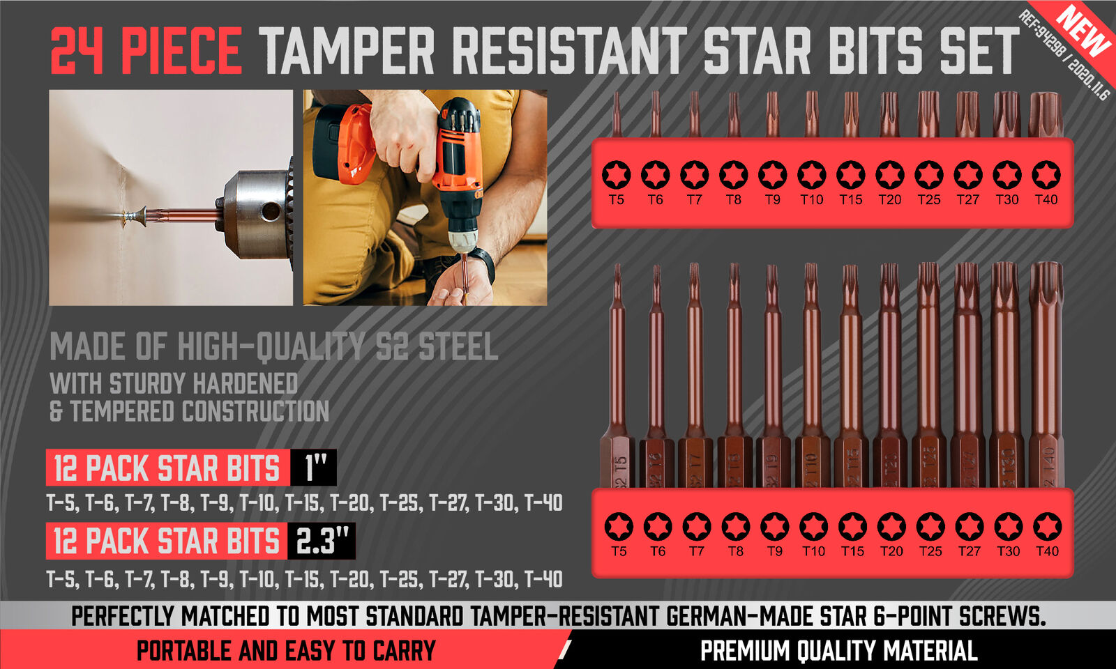 Drill & Screwdriver Accessories: 24Pc Torx Bit Set Star Head Screwdriver Bit Long Security Temper Proof T5-T40