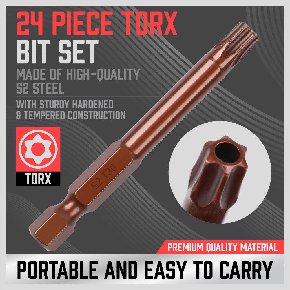 Drill & Screwdriver Accessories: 24Pc Torx Bit Set Star Head Screwdriver Bit Long Security Temper Proof T5-T40