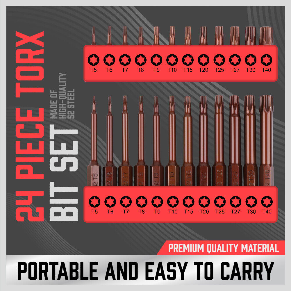 Drill & Screwdriver Accessories: 24Pc Torx Bit Set Star Head Screwdriver Bit Long Security Temper Proof T5-T40