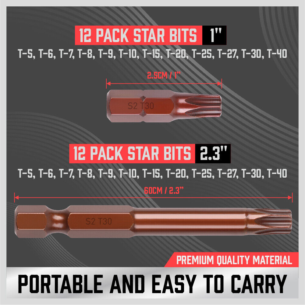 Drill & Screwdriver Accessories: 24Pc Torx Bit Set Star Head Screwdriver Bit Long Security Temper Proof T5-T40