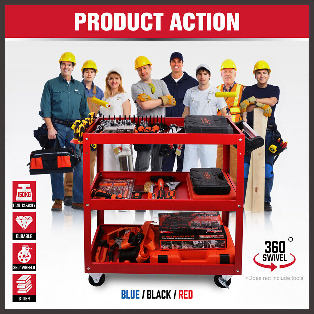 Clothing & Wardrobe Storage: Red 3-Tier Tool Cart Trolley Toolbox Workshop Garage Storage 150KG Organizer Garage