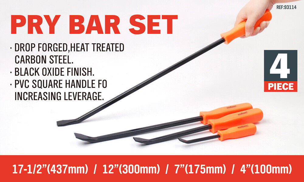 Bicycle Stands & Storage: Horusdy 4Pc Steel Pry Bar Set Heavy Duty Mechanic Crowbar Car  4" 7" 12" 17-1/2"