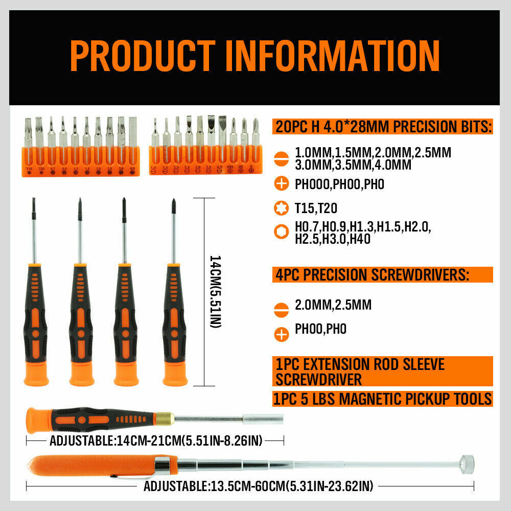 Drill & Screwdriver Accessories: 26Pc Precision Screwdriver Set Magnetic Pickup Hex Torx Philip Flat Bits Drive