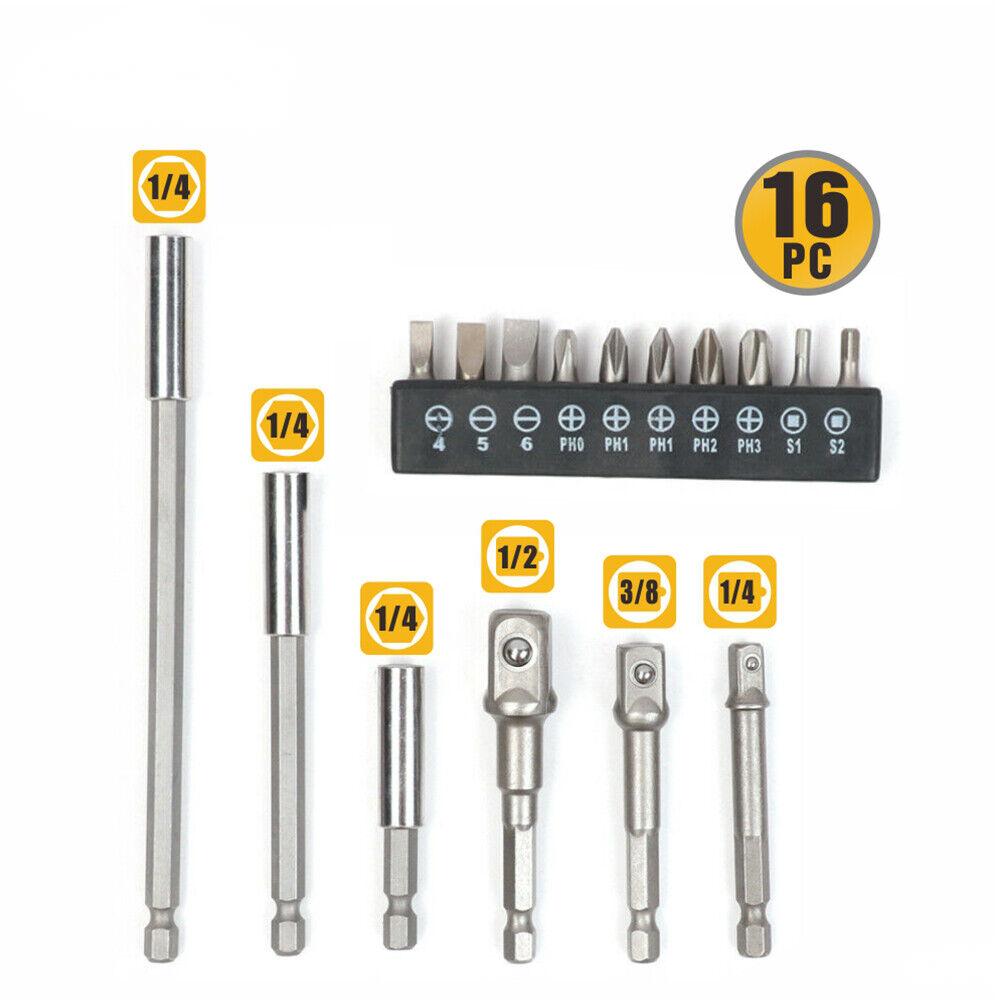 Drill & Screwdriver Accessories: 16Pc Socket Bit Adaptor Set Power Drill Nut Driver Extension Screwdriver Bits