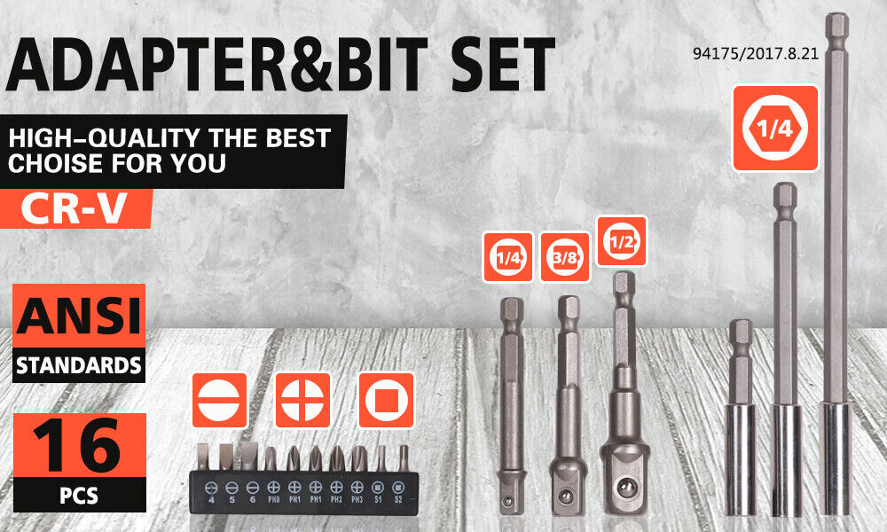 Drill & Screwdriver Accessories: 16Pc Socket Bit Adaptor Set Power Drill Nut Driver Extension Screwdriver Bits