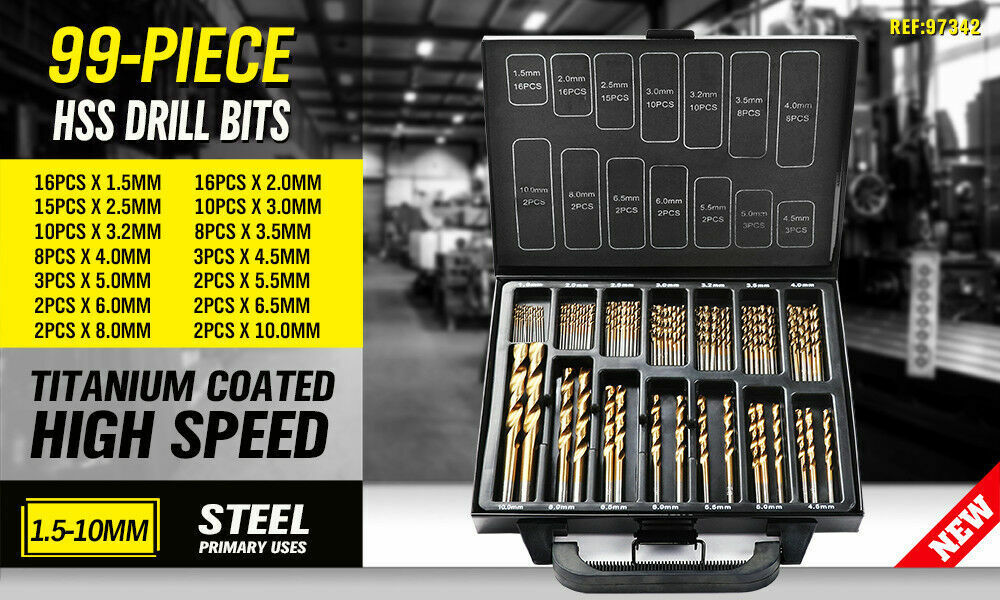 Outdoor Play Equipment: 99Pc Drills Set HSS Titanium Coated Wood Plastic Metal Metric 1.5-10mm With Case