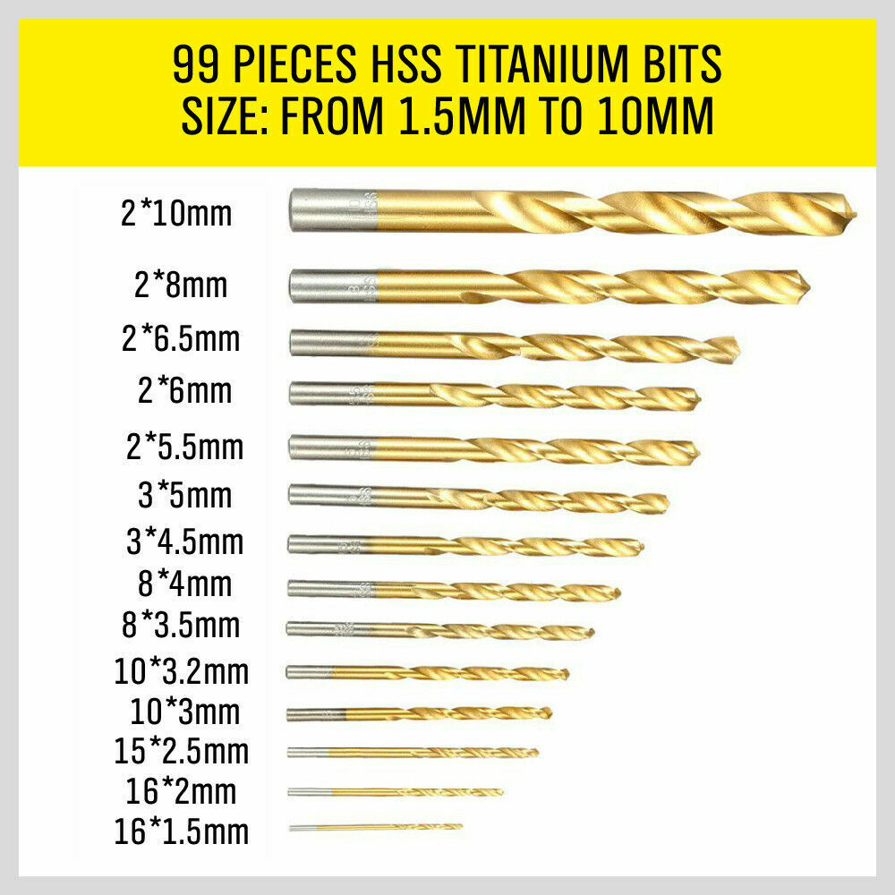 Outdoor Play Equipment: 99Pc Drills Set HSS Titanium Coated Wood Plastic Metal Metric 1.5-10mm With Case