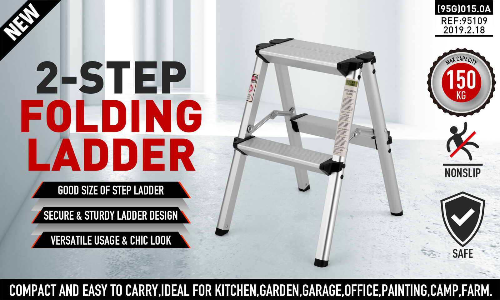 Ladders & Scaffolding: 2-Step Portable Folding Ladder, Aluminum Frame Lightweight Home Ladder with Anti Slip Design, 150KG Capacity