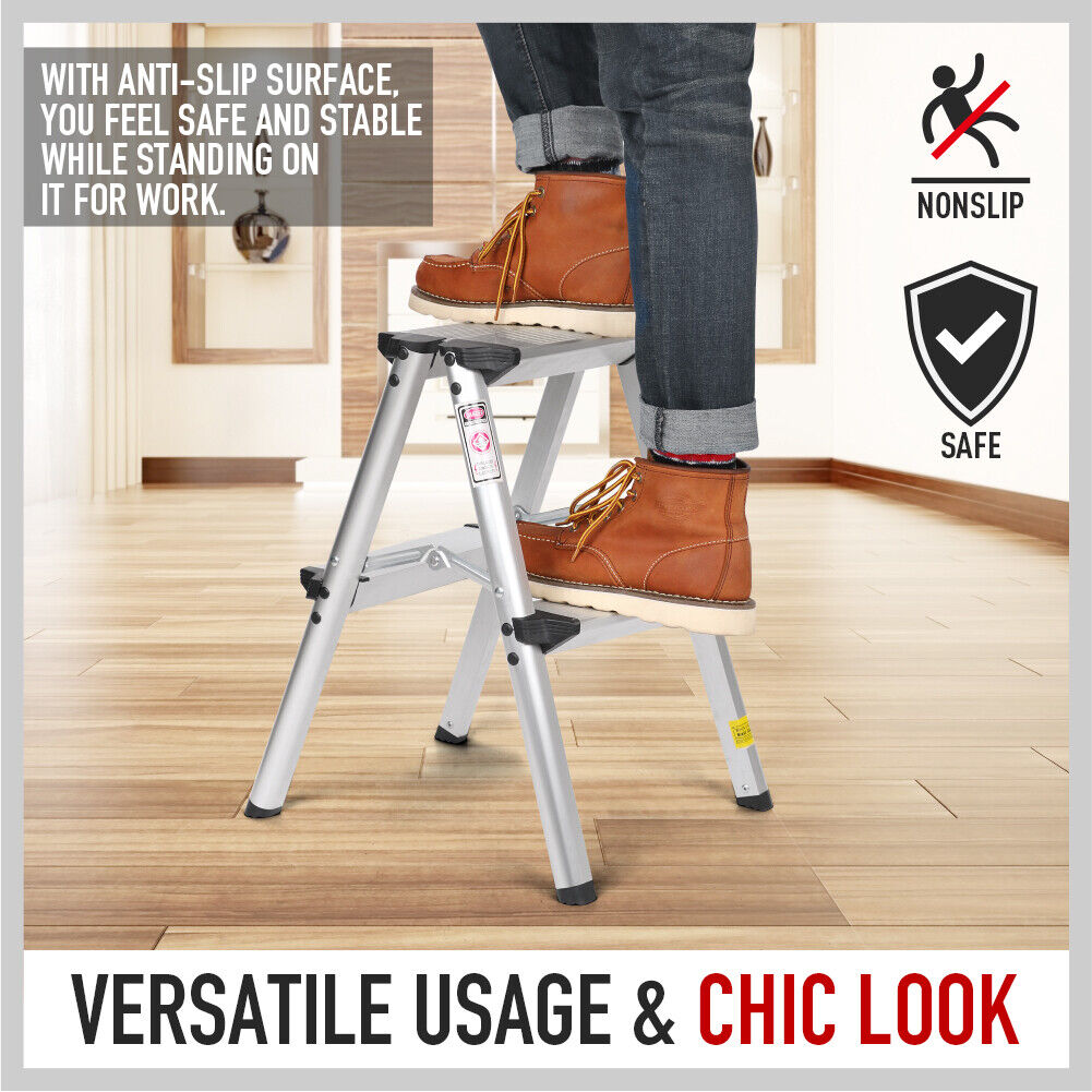 Ladders & Scaffolding: 2-Step Portable Folding Ladder, Aluminum Frame Lightweight Home Ladder with Anti Slip Design, 150KG Capacity