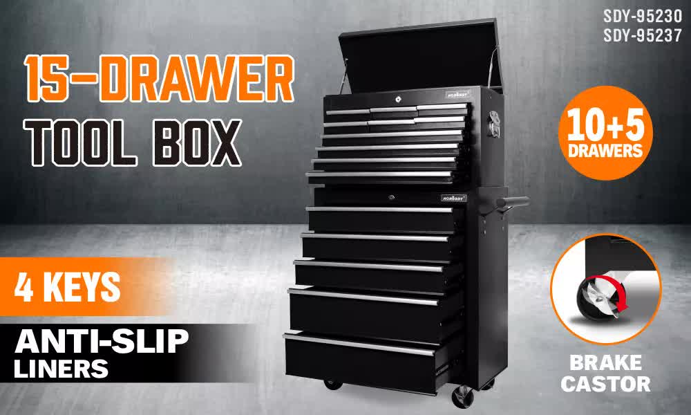 Tool Boxes: Black15 Drawer Tool Box Trolley Cabinet Storage Cart Garage Toolbox Organiser