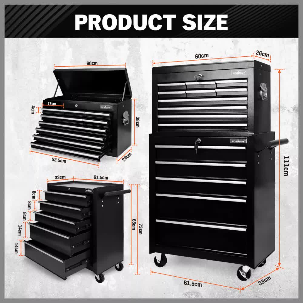 Tool Boxes: Black15 Drawer Tool Box Trolley Cabinet Storage Cart Garage Toolbox Organiser