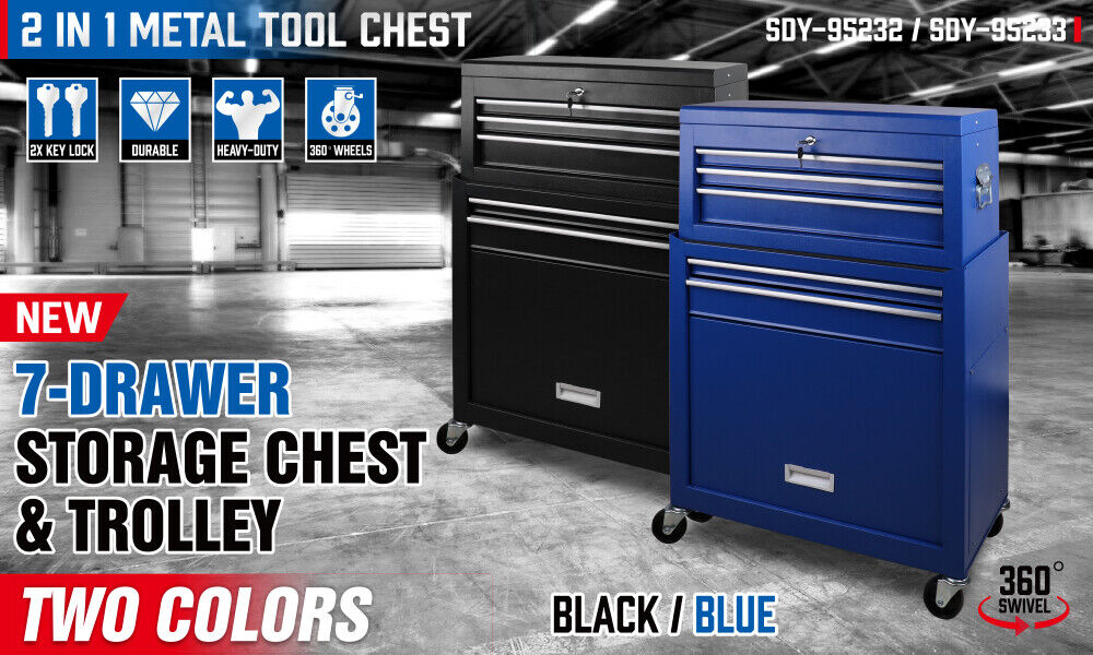 Bicycle Stands & Storage: 7 Drawer Tool Box Chest Cabinet Trolley Toolbox Garage Storage Lockable Blue