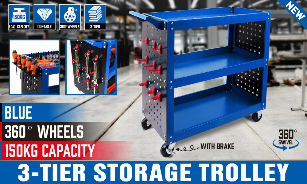 Kitchen & Dining Trolleys: Blue 3-Tier Tool Cart Storage Trolley Toolbox Workshop Garage Organiser 150kg Blue