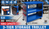 Kitchen & Dining Trolleys: Blue 3-Tier Tool Cart Storage Trolley Toolbox Workshop Garage Organiser 150kg Blue