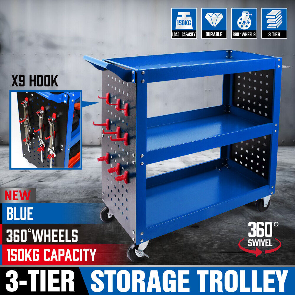 Kitchen & Dining Trolleys: Blue 3-Tier Tool Cart Storage Trolley Toolbox Workshop Garage Organiser 150kg Blue