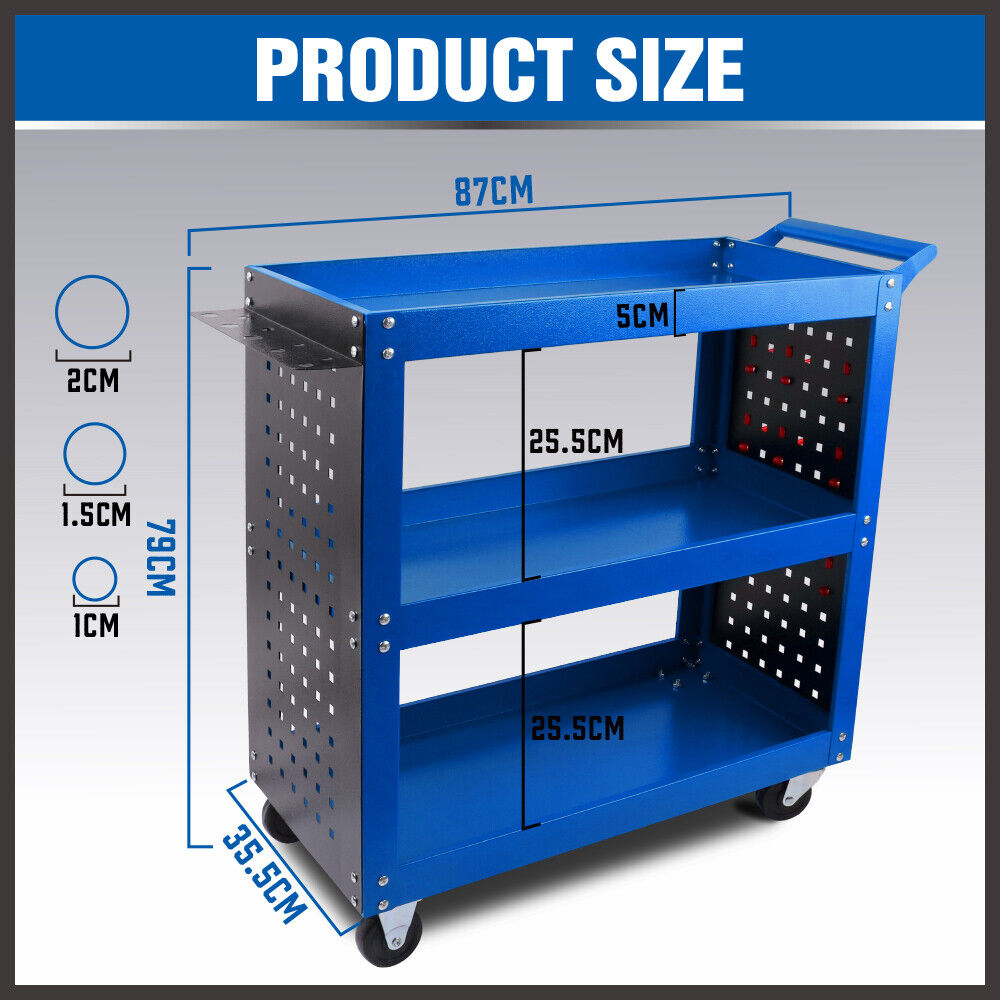 Kitchen & Dining Trolleys: Blue 3-Tier Tool Cart Storage Trolley Toolbox Workshop Garage Organiser 150kg Blue