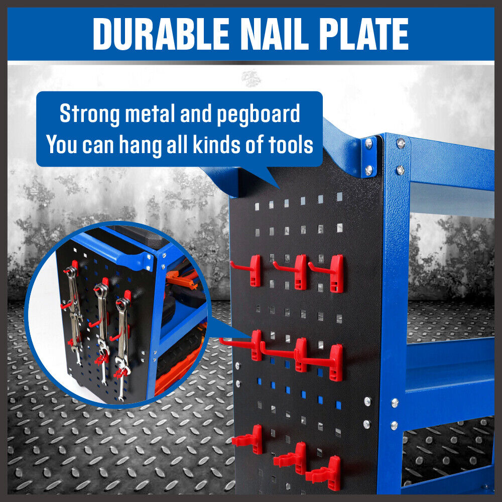 Kitchen & Dining Trolleys: Blue 3-Tier Tool Cart Storage Trolley Toolbox Workshop Garage Organiser 150kg Blue