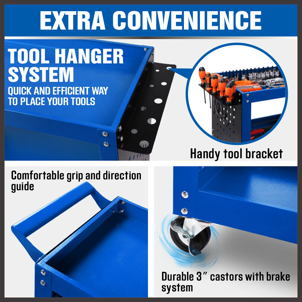 Kitchen & Dining Trolleys: Blue 3-Tier Tool Cart Storage Trolley Toolbox Workshop Garage Organiser 150kg Blue