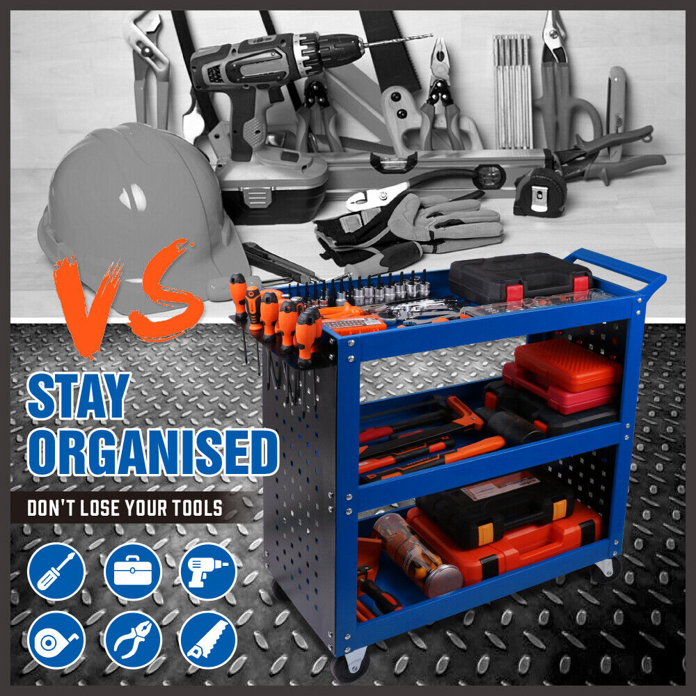 Kitchen & Dining Trolleys: Blue 3-Tier Tool Cart Storage Trolley Toolbox Workshop Garage Organiser 150kg Blue