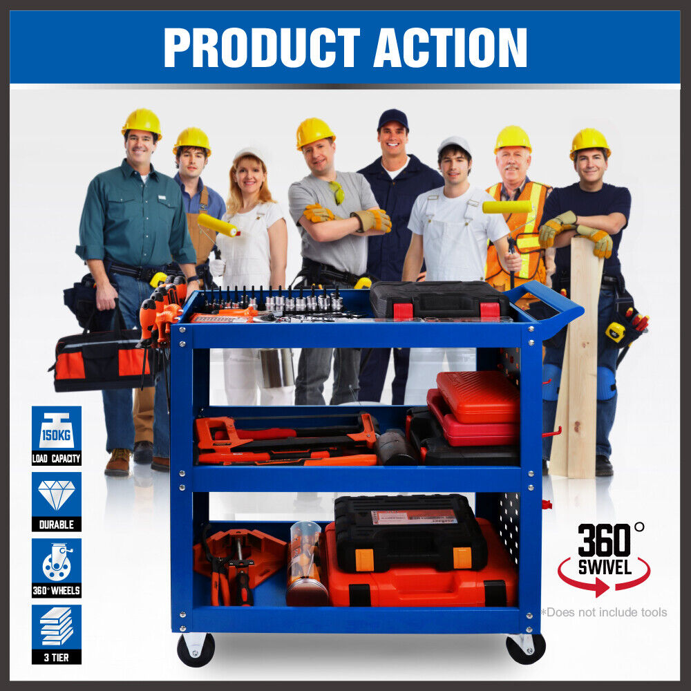 Kitchen & Dining Trolleys: Blue 3-Tier Tool Cart Storage Trolley Toolbox Workshop Garage Organiser 150kg Blue