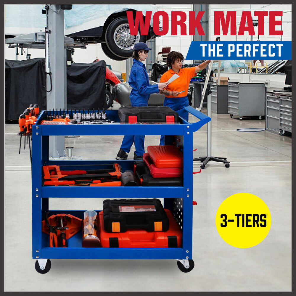 Kitchen & Dining Trolleys: Blue 3-Tier Tool Cart Storage Trolley Toolbox Workshop Garage Organiser 150kg Blue