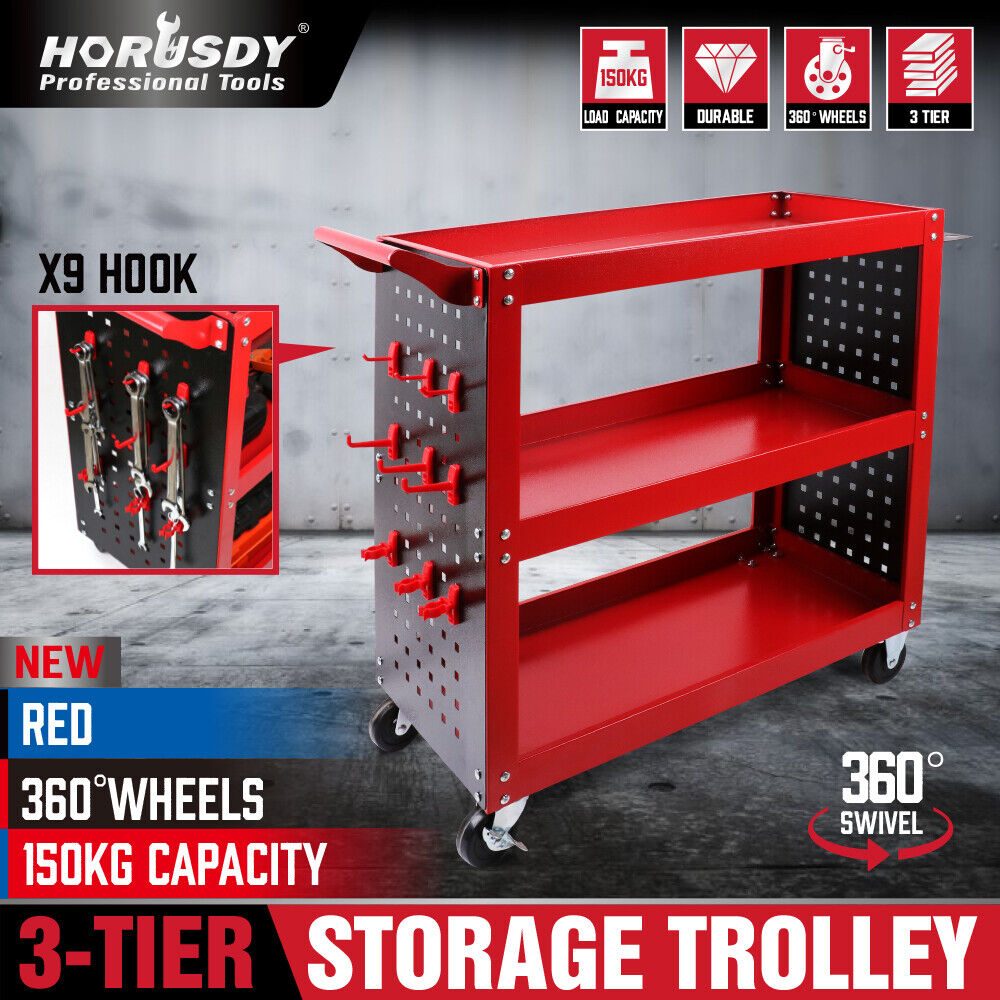 Kitchen & Dining Trolleys: Red 3-Tier Tool Cart Storage Trolley Toolbox Workshop Garage Organiser 150kg Red