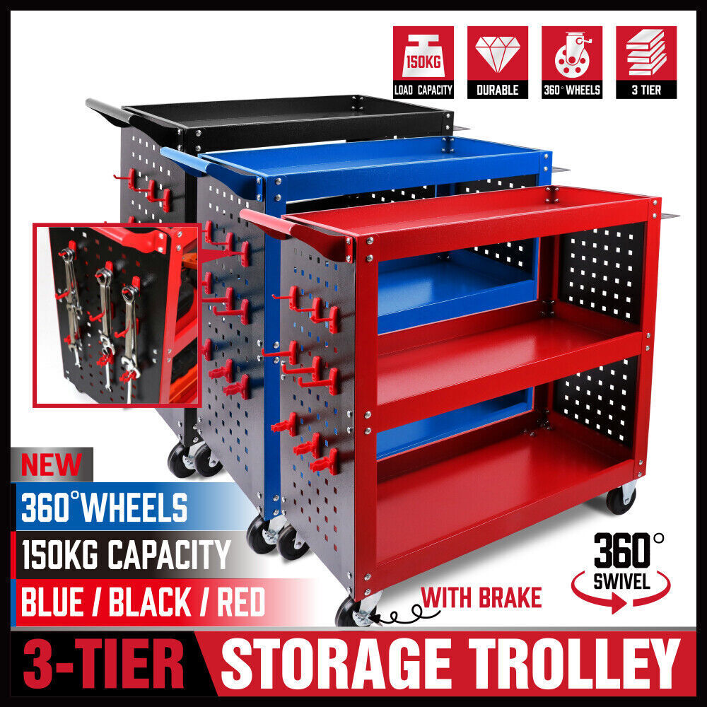 Kitchen & Dining Trolleys: Red 3-Tier Tool Cart Storage Trolley Toolbox Workshop Garage Organiser 150kg Red