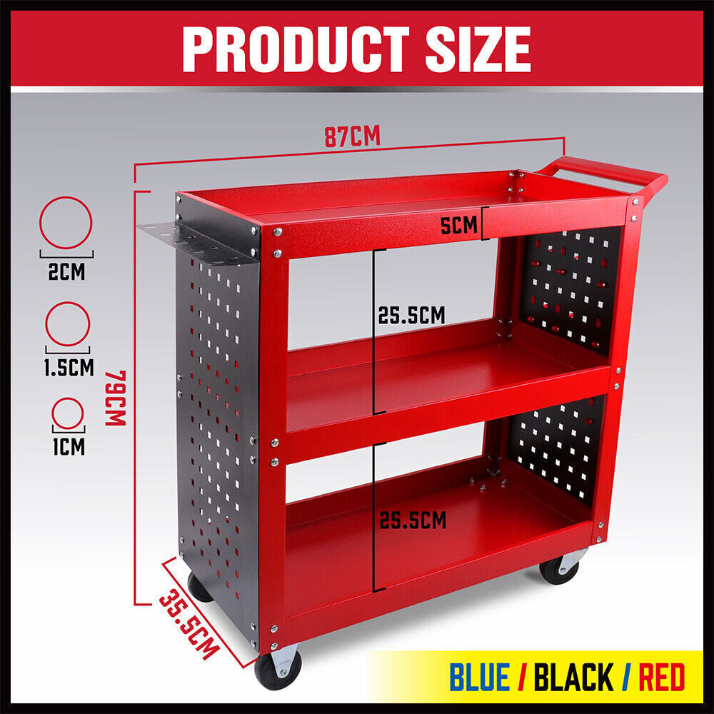 Kitchen & Dining Trolleys: Red 3-Tier Tool Cart Storage Trolley Toolbox Workshop Garage Organiser 150kg Red