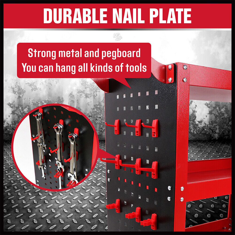 Kitchen & Dining Trolleys: Red 3-Tier Tool Cart Storage Trolley Toolbox Workshop Garage Organiser 150kg Red