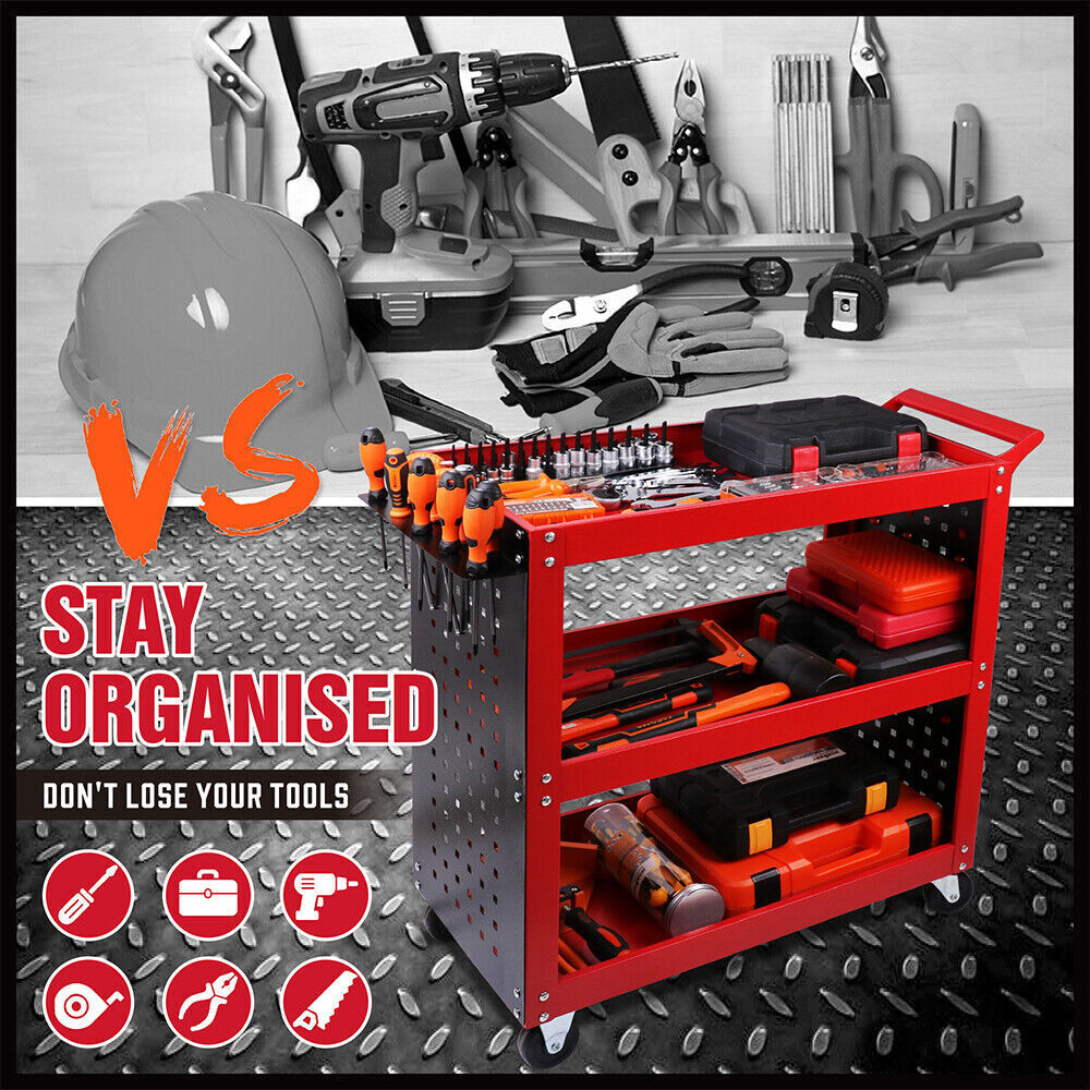 Kitchen & Dining Trolleys: Red 3-Tier Tool Cart Storage Trolley Toolbox Workshop Garage Organiser 150kg Red