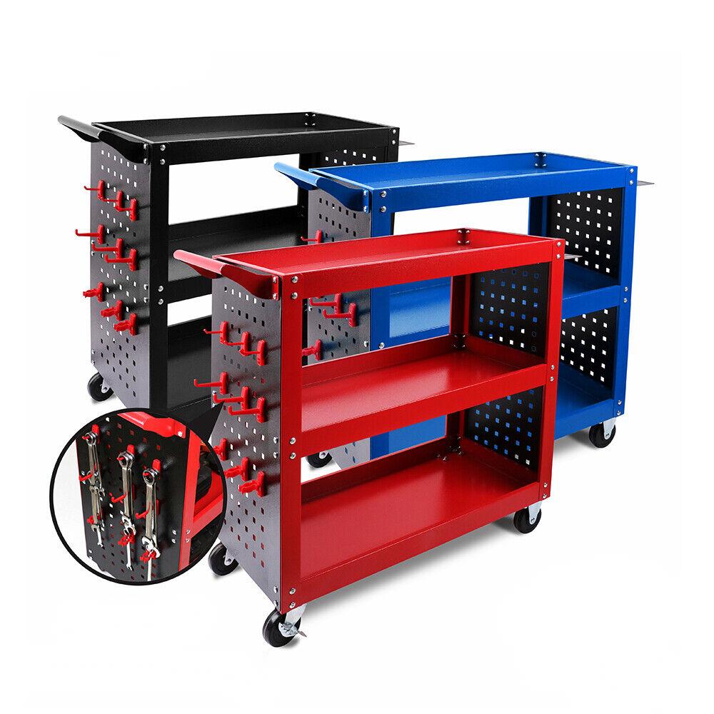 Utility Trolleys: 3-Tier Heavy Duty Steel Tool Trolley - Workshop Cart with Pegboard, Hooks and Locking Swivel Casters
