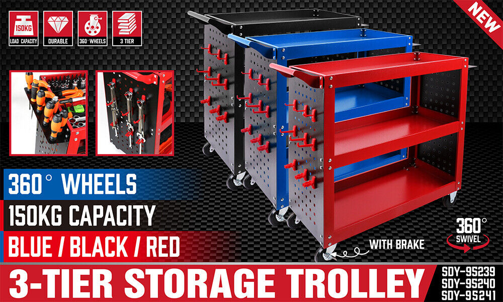 Utility Trolleys: 3-Tier Heavy Duty Steel Tool Trolley - Workshop Cart with Pegboard, Hooks and Locking Swivel Casters
