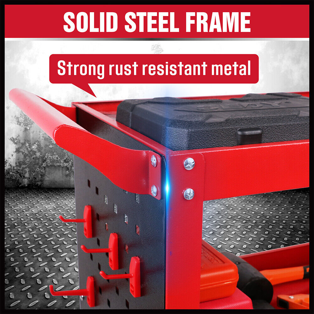 Utility Trolleys: 3-Tier Heavy Duty Steel Tool Trolley - Workshop Cart with Pegboard, Hooks and Locking Swivel Casters