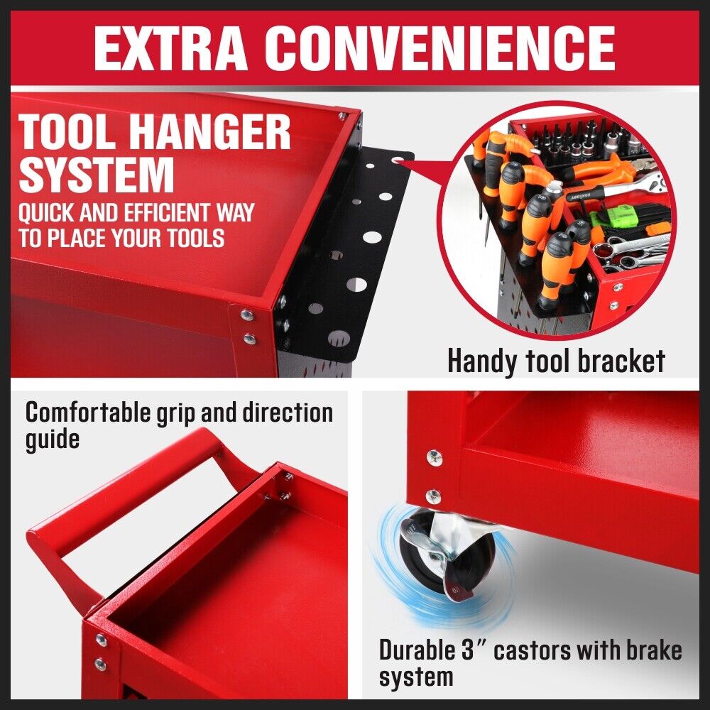 Utility Trolleys: 3-Tier Heavy Duty Steel Tool Trolley - Workshop Cart with Pegboard, Hooks and Locking Swivel Casters