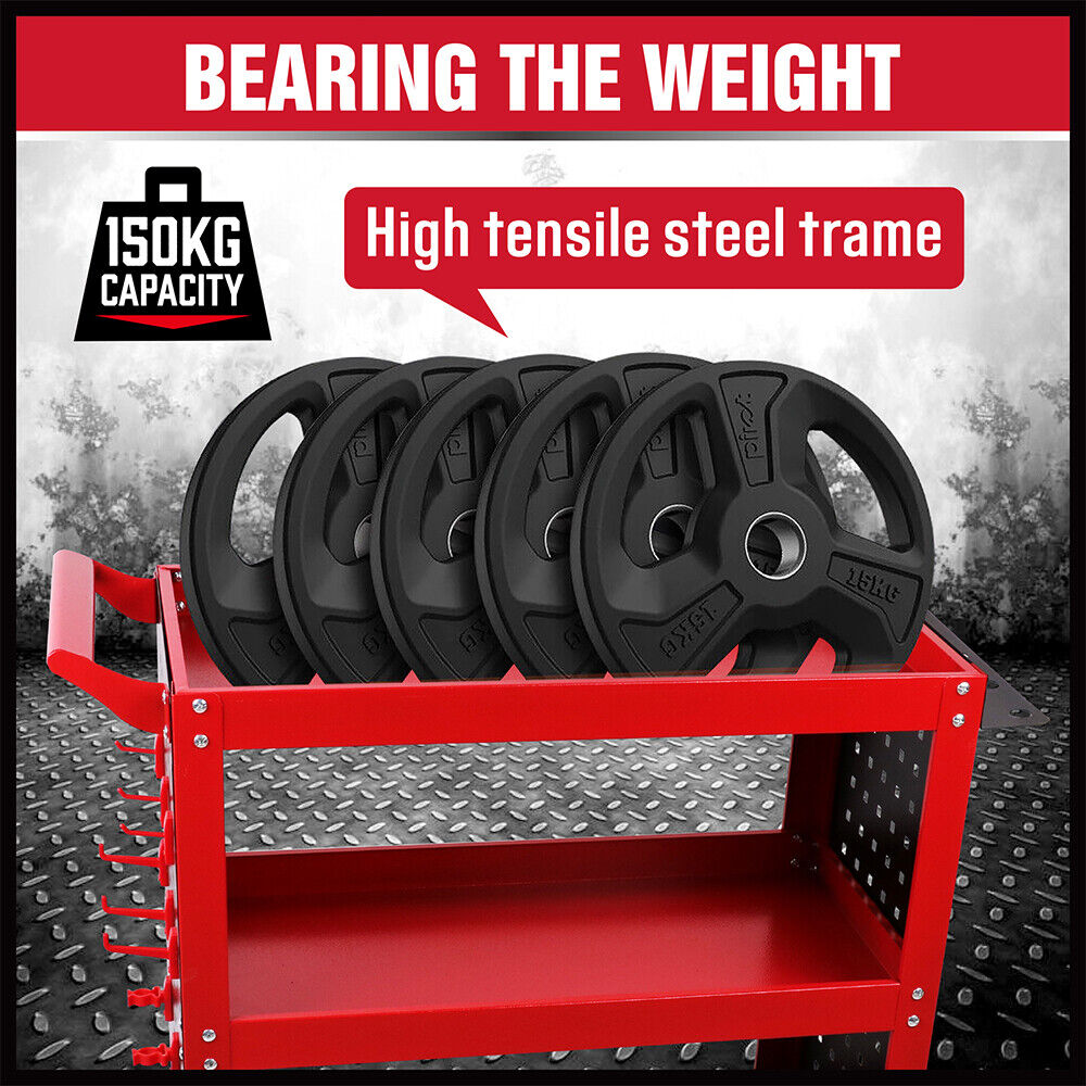 Utility Trolleys: 3-Tier Heavy Duty Steel Tool Trolley - Workshop Cart with Pegboard, Hooks and Locking Swivel Casters