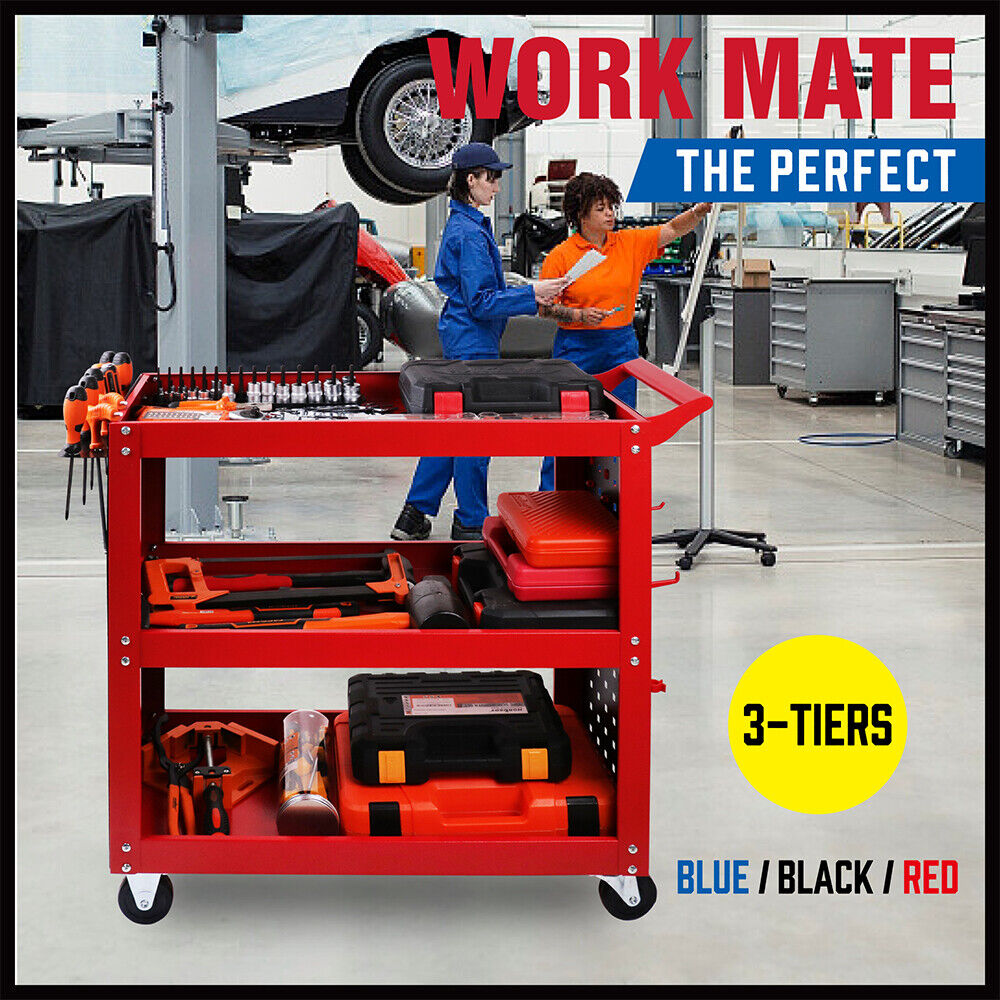 Utility Trolleys: 3-Tier Heavy Duty Steel Tool Trolley - Workshop Cart with Pegboard, Hooks and Locking Swivel Casters